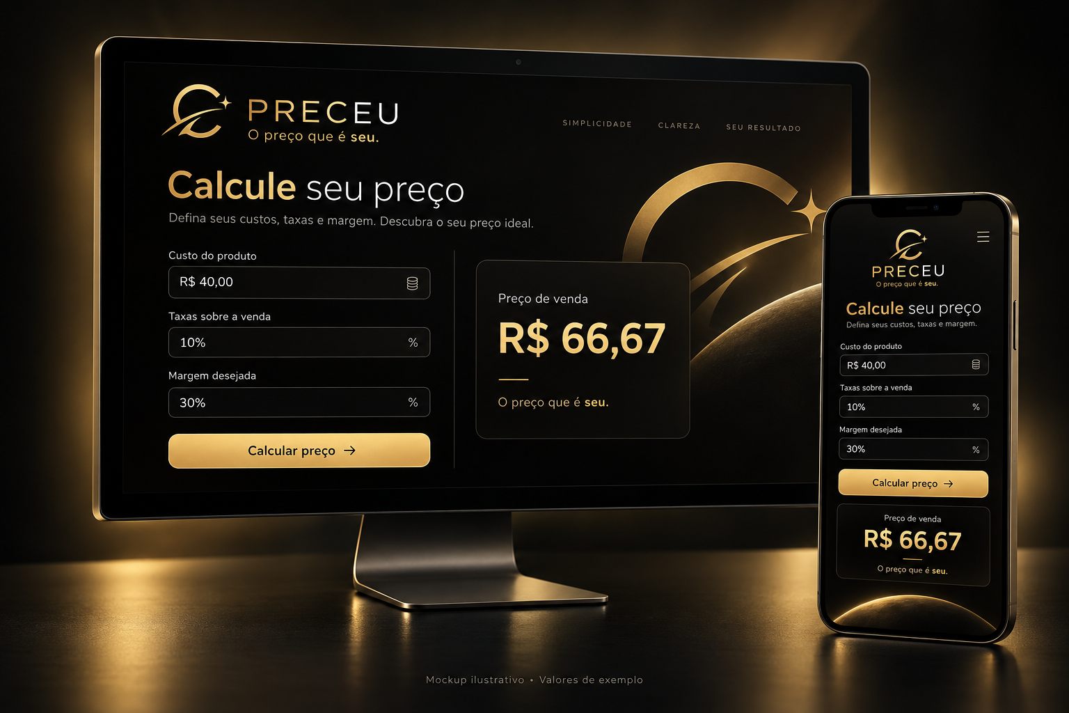 Mockup ilustrativo do app PRECEU no computador e no celular